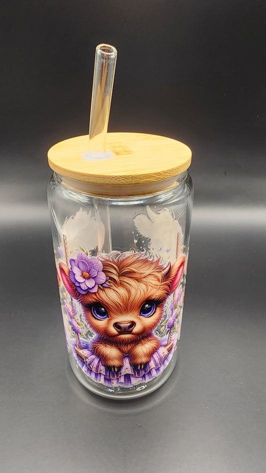 💜 Purple Highland Cow – 16oz Glass Cup with Glass Straw & Bamboo Lid