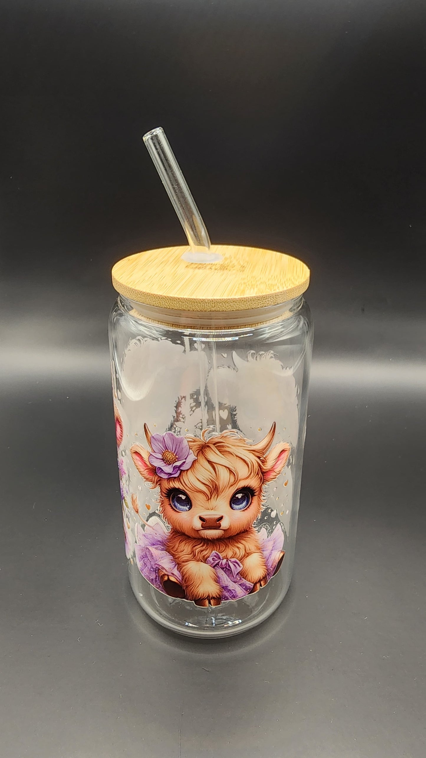 💜 Purple Highland Cow – 16oz Glass Cup with Glass Straw & Bamboo Lid