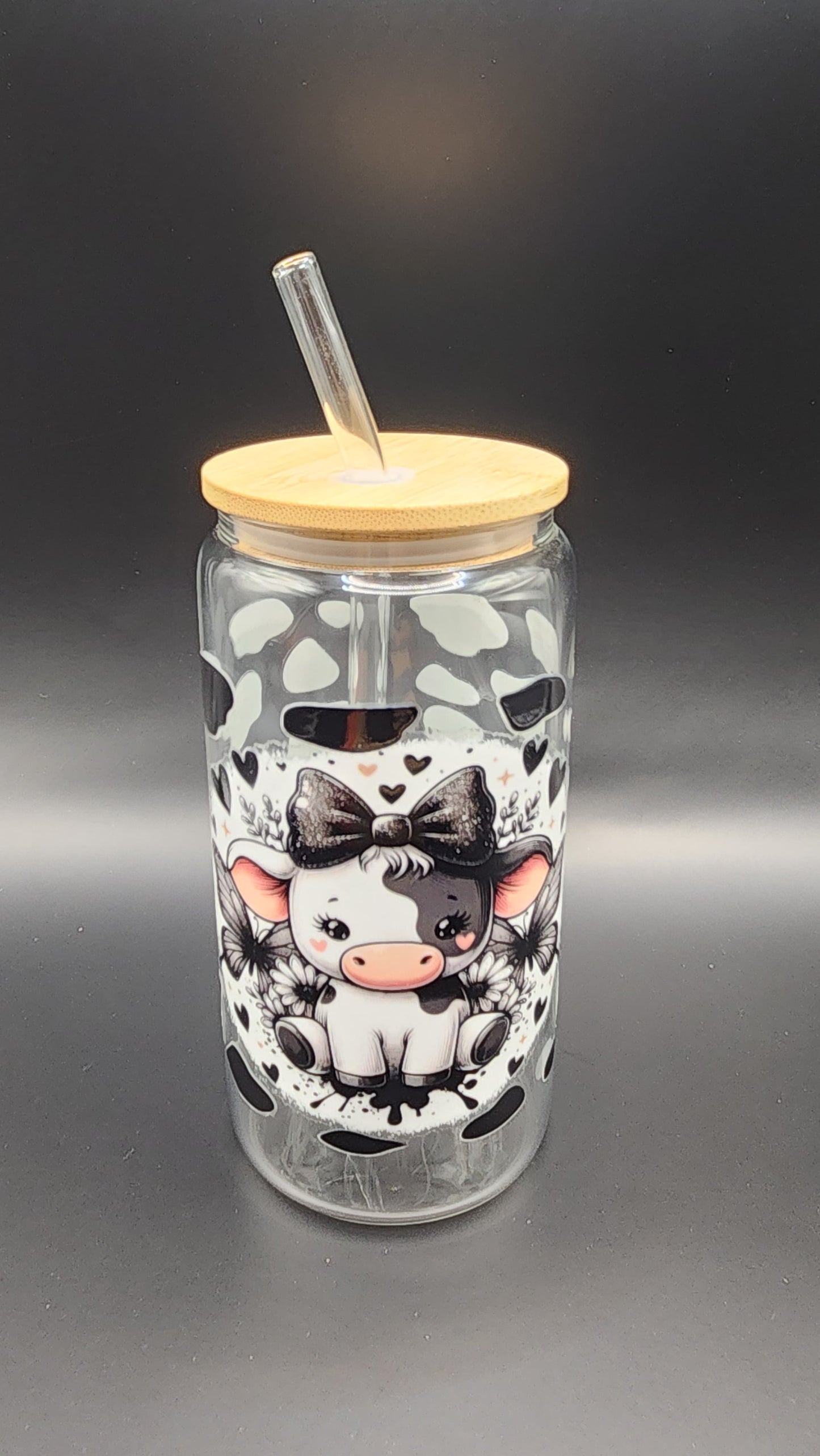 🐄 Black and White Cow – 16oz Glass Cup with Glass Straw & Bamboo Lid