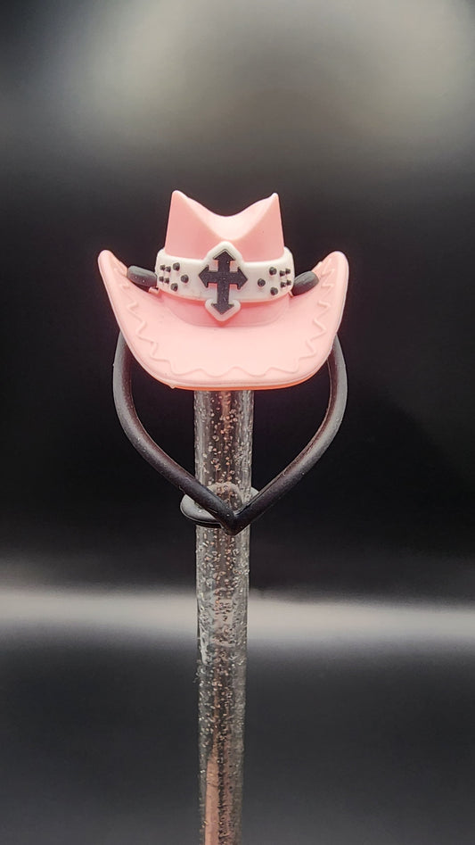🤠 Pink Cowboy Hat Straw Topper with Black Cross