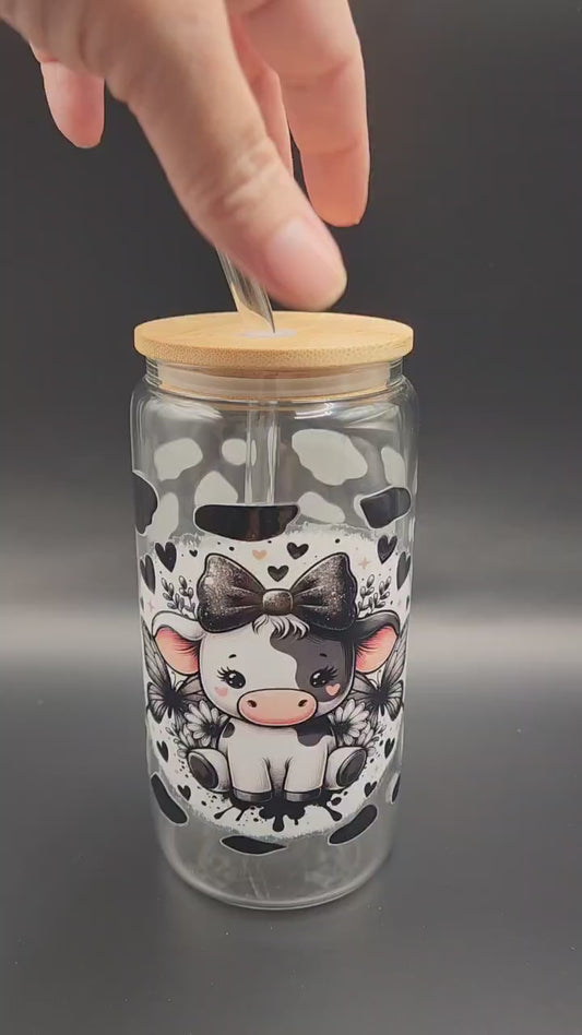 🐄 Black and White Cow – 16oz Glass Cup with Glass Straw & Bamboo Lid