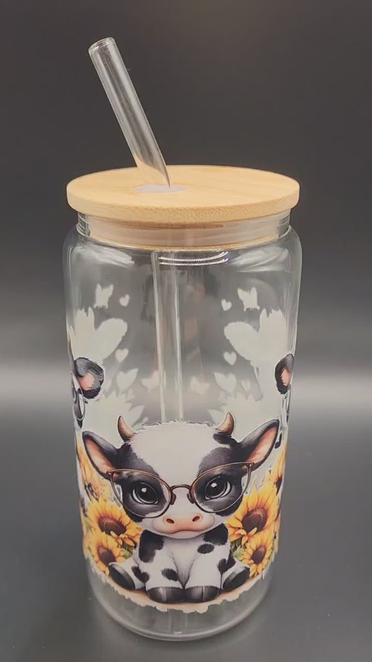 🐄 Black and White Cow with Glasses and Sunflowers – 16oz Glass Cup